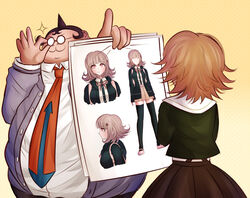  2boys :3 adjusting_eyewear bangs black_jacket black_legwear blunt_bangs breasts brown_eyes brown_hair brown_skirt character_print character_sheet collared_shirt commentary danganronpa:_trigger_happy_havoc danganronpa_(series) dress_shirt english_commentary eyebrows_visible_through_hair fat fat_man flipped_hair from_behind fujisaki_chihiro glasses gradient gradient_background green_shirt grey_jacket hair_ornament hairclip holding holding_paper hood hood_down hooded_jacket jacket ktokei_(kurokku-tokei) large_breasts long_sleeves miniskirt multiple_boys nanami_chiaki neck_ribbon necktie orange_neckwear paper parody pink_ribbon pleated_skirt ribbon round_eyewear shirt short_hair skirt smile sparkle spoilers standing thighhighs white_shirt yamada_hifumi zettai_ryouiki 