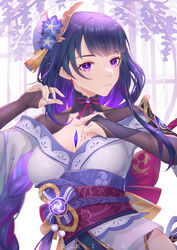  armor blue_flower braid breasts bridal_gauntlets chinese_commentary cleavage closed_mouth commentary_request female floral_background floral_print flower genshin_impact hair_flower hair_ornament highres japanese_clothes kimono large_breasts long_hair looking_at_viewer mole mole_under_eye obi obiage obijime purple_eyes purple_hair purple_nails raiden_shogun ribbon sash shoulder_armor simple_background sking solo tassel wisteria 