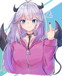  black_choker blue_eyes blush choker collarbone demon_girl demon_horns demon_wings fang_out female grey_hair heart horns indie_virtual_youtuber looking_at_viewer middle_finger nari_(bikkii) oerba_yun_fang smirk solo vei_(vtuber) vei_(vtuber)_(1st_costume) virtual_youtuber wings zipper_pull_tab 