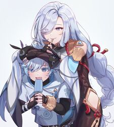  1boy aunt_and_nephew black_gloves blue_eyes blue_hair braid chongyun_(genshin_impact) commentary eyes_visible_through_hair female fingerless_gloves food genshin_impact gloves hair_over_one_eye hands_on_another&#039;s_head highres hip_vent light_blue_hair long_hair oerba_yun_fang oiyo_1 open_mouth partially_fingerless_gloves popsicle purple_eyes shenhe_(genshin_impact) simple_background smile symbol-only_commentary very_long_hair white_background wide_sleeves 