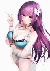  bare_shoulders bikini black_bikini blush breasts cleavage collarbone fate/grand_order fate_(series) female flower green_bikini hair_between_eyes hair_flower hair_ornament hane_yuki highres index_finger_raised large_breasts long_hair long_sleeves looking_at_viewer open_clothes open_shirt purple_hair red_eyes scathach_(fate) scathach_skadi_(fate) scathach_skadi_(swimsuit_ruler)_(fate) scathach_skadi_(swimsuit_ruler)_(final_ascension)_(fate) see-through smile solo swimsuit thighs two-tone_bikini variant_set 