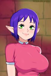  afrobull blue_hair blush bombchu_bowling_alley_operator breasts closed_mouth commentary english_commentary female green_eyes large_breasts looking_at_viewer patreon_username pink_shirt pointy_ears purple_hair shirt short_hair short_sleeves smile solo the_legend_of_zelda the_legend_of_zelda:_ocarina_of_time upper_body watermark web_address 