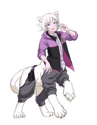  centauroid ear_piercing facial_mark female grey_eyes grey_pants imacomai jacket looking_at_viewer open_mouth pants piercing pixiv_fantasia pixiv_fantasia_mountain_of_heaven pouch purple_jacket repa_(mountain_of_heaven) shirt simple_background solo taur white_background white_hair white_shirt 