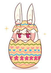  animal animal_ear_fluff animal_ears animalization blush commentary_request crack cracked_shell duplicate ears_through_headwear easter easter_egg egg eggshell eggshell_hat female hair_between_eyes kemomimi-chan_(naga_u) long_hair looking_at_viewer naga_u original pixel-perfect_duplicate rabbit rabbit_ears red_eyes shadow solo sparkle white_background white_hair 