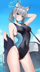  animal_ear_fluff animal_ears bag black_one-piece_swimsuit blue_archive blue_eyes breasts commentary competition_swimsuit contrapposto covered_navel cross_hair_ornament extra_ears female grey_hair hair_ornament halo highres low_ponytail medium_breasts medium_hair mismatched_pupils multicolored_clothes multicolored_swimsuit nemun_(tamizzz) ocean official_alternate_costume one-piece_swimsuit shiroko_(blue_archive) shiroko_(swimsuit)_(blue_archive) sky smile solo swimsuit towel white_background wolf_ears 