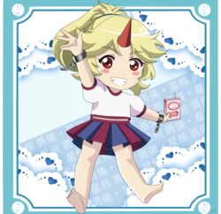  aged_down alternate_hairstyle arms_up artist_name bad_id bad_pixiv_id barefoot blonde_hair blue_background blue_border blush_stickers border box chains character_name chibi commentary cuffs doily female food fruit grin highres holding holding_box horns hoshiguma_yuugi long_hair looking_at_viewer lunamoon_(style) md5_mismatch midriff_peek milk_carton outstretched_hand pleated_skirt ponytail puffy_short_sleeves puffy_sleeves red_eyes remyfive resolution_mismatch shackles shirt short_sleeves single_horn skirt smile solo source_smaller strawberry thick_eyebrows touhou translated two-tone_skirt white_shirt yin_yang 