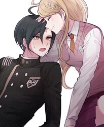  16_(0xhsk16) 1boy ahoge akamatsu_kaede artist_name black_hair black_jacket blonde_hair blush closed_eyes commentary_request danganronpa_(series) danganronpa_v3:_killing_harmony eighth_note female gakuran hair_ornament jacket korean_commentary leaning_to_the_side long_hair long_sleeves musical_note musical_note_hair_ornament necktie open_mouth pink_sweater pink_sweater_vest pleated_skirt profile protected_link purple_skirt saihara_shuichi school_uniform shirt short_hair simple_background skirt smile striped_clothes striped_jacket sweat sweater sweater_vest white_background white_shirt 