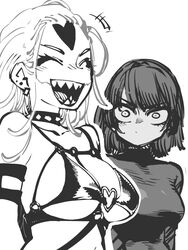  +++ 2girls :d bob_cut bondage_outfit breasts closed_eyes closed_mouth dominatrix dot_mouth dress earrings envy frown fubuki_(one-punch_man) glasgow_smile greyscale heart_o-ring highres jewelry kaijin_hime_do-s laughing long_hair medium_hair monochrome multiple_girls one-punch_man revealing_clothes simple_background smile ssambatea turtleneck turtleneck_dress white_background 