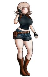  alternate_costume belt black_gloves black_tank_top blunt_bangs boots breasts brown_belt brown_footwear brown_hair claire_redfield claire_redfield_(cosplay) commentary commission cosplay danganronpa_(series) danganronpa_2:_goodbye_despair denim denim_shorts english_commentary female fingerless_gloves flipped_hair full_body galaga gloves hair_ornament high_heel_boots high_heels highres komatsuzaki_rui_(style) ktokei_(kurokku-tokei) large_breasts looking_at_viewer medium_hair midriff nanami_chiaki navel official_style resident_evil resident_evil_2 shirt short_shorts shorts simple_background solo spaceship_hair_ornament tank_top white_background 