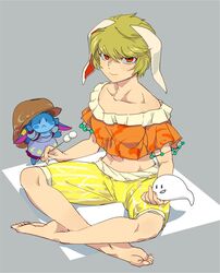  :&lt; animal_ears animalization barefoot blonde_hair blue_dress breasts cabbie_hat chamaruk collarbone commentary crop_top crossed_legs dango dress ear_piercing feet female floppy_ears food hat medium_breasts mochi_(touhou) on_floor orange_shirt piercing rabbit rabbit_ears red_eyes ringo_(touhou) seiran_(touhou) seiran_(touhou)_(bunny) shirt short_hair shorts sitting smile soles toes toned touhou unworn_headwear wagashi yellow_shorts 