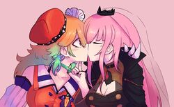  2girls \m/ bad_id bad_twitter_id black_nails blunt_bangs breasts cape chef_hat cleavage closed_eyes detached_sleeves hat highres hololive hololive_english jess_(p2eocene) kissing long_hair medium_breasts mori_calliope mori_calliope_(1st_costume) multiple_girls orange_hair orange_hat pink_background pink_hair purple_eyes spikes surprised takanashi_kiara takanashi_kiara_(1st_costume) tiara veil virtual_youtuber white_headwear wide-eyed yuri 