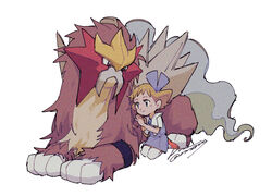  bad_id bad_pixiv_id blue_bow blue_dress blue_eyes bow brown_hair dress entei female gem leaning lolicon molly_hale pokemon pokemon_(anime) pokemon_(classic_anime) pokemon_(creature) pokemon_3:_the_movie_-_spell_of_the_unown:_entei red_footwear sagemaru-br short_hair signature simple_background sitting thighhighs white_background white_legwear 