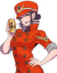  absurdres alcohol alternate_costume beer beer_can black_sweater breasts brown_eyes can commentary drink_can evangelion:_3.0_you_can_(not)_redo female hair_behind_ear hair_between_eyes hair_bun highres holding holding_can jacket katsuragi_misato medium_breasts neon_genesis_evangelion rebuild_of_evangelion red_headwear red_jacket ribbed_sweater single_hair_bun smile solo sweater upper_body yamashita_shun&#039;ya yebisu 