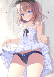  black_panties black_ribbon blue_eyes blush bow bow_panties breasts brown_hair closed_mouth clothes_lift commentary cowboy_shot crotch_seam dress dress_lift female frilled_dress frilled_panties frills frown hair_ribbon hoshino_koucha lifting_own_clothes light_frown looking_to_the_side medium_hair mudan_tensai_wa_yurushimasen! panties parted_lips print_panties ribbon second-party_source shadow short_dress small_breasts solo spaghetti_strap standing sundress underwear wavy_hair white_dress 