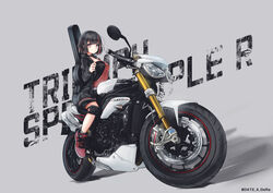  absurdres bang_dream! black_collar black_hair black_jacket black_shorts bob_cut collar dora_(dr3032) female guitar_case highres instrument_case instrument_on_back jacket knee_pads mitake_ran motor_vehicle motorcycle multicolored_hair on_motorcycle red_eyes red_footwear red_hair shoes short_hair shorts smile sneakers solo streaked_hair vehicle_focus 