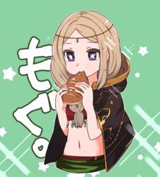  blue_eyes bread cropped_torso eating female food green_background grey_hair holding holding_food lilim_(megido72) long_hair megido72 midriff navel outline purple_eyes solo star_(symbol) translated upper_body uron_fox white_outline 