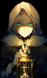  absurdres add_(fate) ahoge albino_(a1b1n0623) birdcage black_background cage cloak closed_mouth commentary_request creature cube fate/grand_order fate_(series) female fur_trim gray_(fate) green_eyes grey_hair hair_between_eyes highres holding hood hood_up hooded_cloak looking_at_viewer lord_el-melloi_ii_case_files ribbon short_hair simple_background solo white_ribbon 