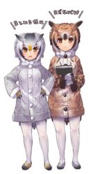  2girls bird_tail book brown_coat brown_hair coat commentary_request eurasian_eagle_owl_(kemono_friends) frown full_body fur_trim gloves grey_coat hair_between_eyes hands_on_own_hips head_wings highres holding holding_book kemono_friends long_sleeves looking_at_viewer multicolored_hair multiple_girls northern_white-faced_owl_(kemono_friends) open_mouth orange_eyes pantyhose short_hair simple_background standing tadano_magu tail translation_request white_background white_hair white_pantyhose wings 