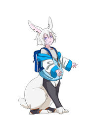  animal_ears backpack bag casual centauroid cornelia_(mountain_of_heaven) female full_body imacomai jacket long_sleeves parted_lips pixiv_fantasia pixiv_fantasia_mountain_of_heaven purple_eyes rabbit_ears simple_background solo standing taur white_background white_hair zipper 