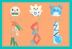  border commentary_request feathers green_border hanging highres lemonade_kokoi marill no_humans pokemon pokemon_(creature) rowlet string themed_object togepi twitter_username 