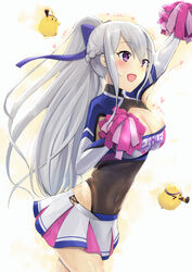  1other armpit_cutout azur_lane bow breasts casablanca_(azur_lane) casablanca_(cheer_squad_on_break)_(azur_lane) cheerleader cleavage clothing_cutout commentary_request covered_navel female grey_hair hairbow highleg highleg_leotard highres large_breasts leotard leotard_under_clothes long_hair long_sleeves manjuu_(azur_lane) nori_aji official_alternate_costume pleated_skirt pom_pom_(cheerleading) purple_eyes skirt white_skirt 