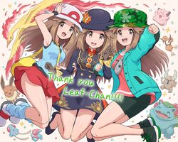  3girls :d absurdres bike_shorts black_dress black_headwear black_wristband brown_eyes brown_hair character_name clefairy clenched_hands commentary_request confetti doduo dress eevee eyelashes gloves green_jacket hair_flaps hat highres jacket leaf_(champion)_(pokemon) leaf_(pokemon) leaf_(sygna_suit)_(pokemon) long_hair loose_socks moltres multiple_girls multiple_persona official_alternate_costume open_mouth pink_shirt pinsir pleated_skirt pokemoa pokemon pokemon_(creature) pokemon_frlg pokemon_masters_ex porygon red_skirt shirt shoes sidelocks skirt sleeveless sleeveless_shirt smile socks tentacool thank_you tongue venusaur white_background white_headwear 