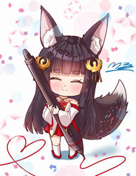  ^_^ animal_ear_fluff animal_ears azur_lane bare_shoulders black_hair blunt_bangs chibi closed_eyes closed_mouth collarbone commentary_request dress facing_viewer female fox_ears fox_girl fox_tail full_body hair_ornament heart holding holding_stylus kneehighs long_hair long_sleeves m_ko_(maxft2) nagato_(azur_lane) oekaki_musume pleated_dress red_dress red_footwear shoes smile socks solo standing starry_background stylus tail very_long_hair white_background white_socks wide_sleeves 