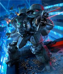  aircraft armor assault_visor box_art cityscape fire helicopter highres laser madox-01 mecha mercy_rabbit metal_skin_panic_madox-01 military military_vehicle night night_sky no_humans official_art power_armor realistic robot science_fiction searchlight shell_casing sky smoke solo 