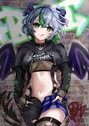  apricot_the_lich apricot_the_lich_(8th_costume) black_collar black_hoodie black_pants blush collar cropped_hoodie demon_girl demon_horns female fishnet_thighhighs fishnets graffiti green_eyes green_hair hair_ornament highres hood hoodie horns long_hair medium_hair momomomooo13 multiple_horns open_fly pants purple_shorts shorts smile solo spiked_collar spikes thighhighs tongue tongue_out torn_clothes torn_pants torn_thighhighs virtual_youtuber vshojo x_hair_ornament 