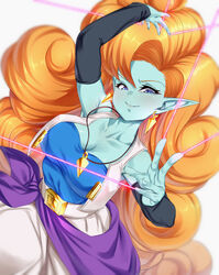  arm_up baggy_pants belt black_sleeves blue_eyes blue_shirt breasts colored_skin curly_hair detached_sleeves dragon_ball dragon_ball_z earrings female green_skin jewelry long_hair necklace orange_hair pants pointy_ears rom_(20) shirt simple_background solo very_long_hair white_background white_pants zangya 