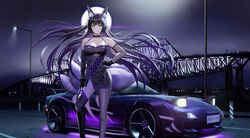  absurdres alternate_costume animal_ear_fluff animal_ears asymmetrical_legwear asymmetrical_sleeves azur_lane backless_dress backless_outfit black_gloves black_hair black_sleeves breasts bridge car character_name checkered_clothes checkered_dress cherry_blossom_print cleavage clothing_cutout collarbone contrapposto copyright_name detached_sleeves dress facial_mark feet_out_of_frame female fingerless_gloves fishnet_leotard fishnet_pantyhose fishnet_sleeves fishnets floral_print fox_ears fox_girl fox_tail full_moon gloves grin halterneck hand_on_own_hip hand_on_own_thigh highres incredibly_absurdres japan kcar66t kitsune leotard leotard_under_clothes license_plate linea_alba long_hair looking_at_viewer mazda mazda_rx-7 mazda_rx-7_fd microdress moon motor_vehicle multiple_tails musashi_(azur_lane) night outdoors pantyhose pop-up_headlights print_dress product_placement purple_dress purple_trim race_queen real_world_location road sakura_empire_(emblem) shiny_clothes side_slit sidelocks single_fishnet_legwear single_leg_pantyhose single_thighhigh sky sleeveless sleeveless_dress slit_pupils smile spaghetti_strap sports_car standing star_(sky) starry_sky tail taut_clothes taut_dress thighhighs tokyo_gate_bridge truss very_long_hair whisker_markings wind wind_lift yellow_eyes 