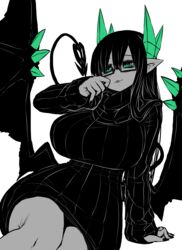  absurdres black_sweater breasts demon_girl demon_tail demon_wings female green_eyes highres horns huge_breasts limited_palette merii_(mazohaha) musuko_ga_kawaikute_shikatanai_mazoku_no_hahaoya ribbed_sweater solo sweater tail white_background wings zyugoya 