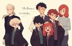  2girls 5boys aged_up albus_severus_potter amazou black_hair black_robe blonde_hair brown_hair draco_malfoy father_and_daughter father_and_son freckles ginny_weasley glasses gryffindor harry_potter harry_potter_(series) harry_potter_and_the_cursed_child highres hogwarts_school_uniform james_sirius_potter lily_luna_potter long_hair mother_and_daughter mother_and_son multiple_boys multiple_girls necktie ponytail red_hair robe scar scar_on_face scar_on_forehead school_uniform scorpius_malfoy short_hair slytherin smile striped striped_necktie vest wizarding_world 