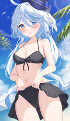  ahoge bare_arms bare_shoulders bikini bikini_skirt black_bikini black_skirt blue_eyes blue_hair blue_headwear blue_sky blush breasts cleavage cloud commentary_request day female furina_(genshin_impact) genshin_impact highres long_hair looking_at_viewer medium_breasts navel nyuu_(pixiv12143565) outdoors partial_commentary skirt sky solo stomach swimsuit thighs very_long_hair 