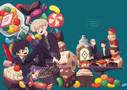  4boys aged_up albus_severus_potter amazou black_hair black_robe blonde_hair blue_eyes candy chocolate cover cover_page cupcake doujin_cover draco_malfoy father_and_son food glasses green_eyes harry_potter harry_potter_(series) harry_potter_and_the_cursed_child hogwarts_school_uniform holding holding_wand jar jelly_bean long_hair multiple_boys necktie ponytail robe scar scar_on_face scar_on_forehead school_uniform scorpius_malfoy short_hair slytherin smile striped striped_necktie sweets vest wand wizarding_world 