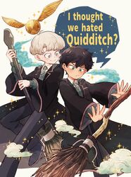  2boys albus_severus_potter amazou black_hair black_robe blonde_hair blue_eyes broom broom_riding golden_snitch green_eyes harry_potter_(series) harry_potter_and_the_cursed_child hogwarts_school_uniform holding holding_broom multiple_boys necktie robe school_uniform scorpius_malfoy short_hair slytherin smile striped striped_necktie wizarding_world 