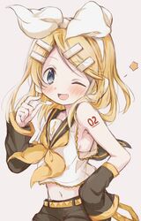  bad_id bad_twitter_id bare_shoulders belt black_sailor_collar black_shorts black_sleeves blonde_hair blue_eyes blush bow commentary crop_top detached_sleeves female hair_ornament hairbow hairclip hand_on_own_hip headphones headset highres hitode holding holding_microphone kagamine_rin looking_at_viewer microphone midriff navel neckerchief one_eye_closed open_mouth sailor_collar school_uniform shirt short_hair short_shorts shorts shoulder_tattoo sleeveless sleeveless_shirt sleeves_past_fingers sleeves_past_wrists smile solo star_(symbol) swept_bangs tattoo treble_clef vocaloid white_bow white_shirt yellow_neckerchief 