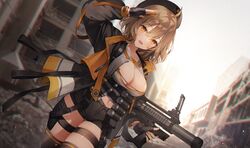  ammunition_belt anis_(nikke) arm_up belt black_gloves black_jacket black_shorts black_thighhighs breasts brown_hair chromatic_aberration cleavage cowboy_shot crop_top dutch_angle female fingerless_gloves gloves goddess_of_victory:_nikke gun highres holding holding_gun holding_weapon jacket large_breasts long_sleeves looking_at_viewer medium_hair midriff navel open_clothes open_jacket open_mouth orange_eyes outdoors post-apocalypse salute shirt short_shorts shorts smile solo standing thigh_strap thighhighs thighs weapon weri white_shirt 