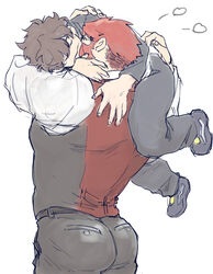  2boys arms_around_neck ass bara black_pants blush carrying carrying_over_shoulder carrying_person couple feet_out_of_frame glasses heart hug hug_from_behind kekkai_sensen kissing klaus_von_reinhertz leonardo_watch long_sideburns male_focus mature_male multiple_boys muscular muscular_male mutton_chops nore_(boosuke) pants red_hair semi-rimless_eyewear short_hair sideburns size_difference tusks vest yaoi 