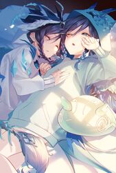  2boys absurdres black_hair blue_eyes blue_hair braid closed_eyes colored_tips cuddling dragon_hood genshin_impact hand_on_another&#039;s_chest highres hood hoodie long_sleeves male_focus multicolored_hair multiple_boys nameless_bard_(genshin_impact) pajamas sainome_(imveryfinethx) sleeping slime_(genshin_impact) twin_braids venti_(genshin_impact) yawning 