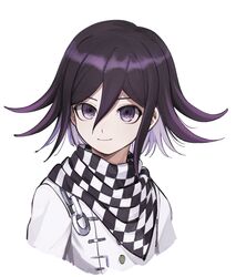  1boy black_hair black_scarf bojue_(hakus_1128) checkered_clothes checkered_scarf closed_mouth commentary_request cropped_torso danganronpa_(series) danganronpa_v3:_killing_harmony hair_between_eyes highres jacket long_sleeves looking_at_viewer male_focus medium_hair oma_kokichi purple_eyes purple_hair scarf simple_background smile solo straitjacket upper_body white_background white_jacket white_scarf 