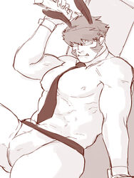  1boy abs animal_ears ass_visible_through_thighs bad_id bad_pixiv_id bara between_pectorals bulge detached_collar feet_out_of_frame glasses holding holding_sign jockstrap kekkai_sensen klaus_von_reinhertz large_pectorals long_sideburns looking_at_viewer male_focus male_playboy_bunny male_underwear mature_male muscular muscular_male mutton_chops navel navel_hair necktie necktie_between_pectorals nipples nore_(boosuke) pectorals rabbit_ears red_hair semi-rimless_eyewear short_hair sideburns sign sitting solo spread_legs stomach thick_thighs thighs topless_male tusks underwear 