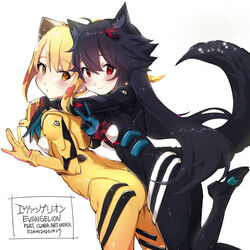  2girls animal_ears ass black_bodysuit black_hair blonde_girl_(cloba) blonde_hair blush bodysuit borrowed_character breasts chinese_commentary commentary_request crossover dated ejami ekko_(ejami) fox_ears fox_girl fox_tail from_side hair_between_eyes hair_ornament long_hair looking_at_viewer multiple_girls neon_genesis_evangelion orange_eyes original pilot_suit plugsuit red_eyes science_fiction signature simple_background small_breasts smile tail v white_background yellow_bodysuit 