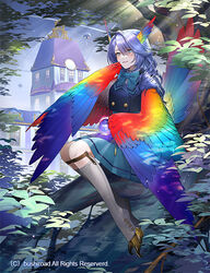  animal_ears bird_ears bird_legs bird_tail blue_bow blue_eyes blue_hair blue_skirt blue_vest bow building cardfight!!_vanguard character_request commentary_request feathered_wings female hair_between_eyes harpy in_tree kneehighs legwear_garter long_hair monster_girl official_art orb rainbow_wings sitting sitting_in_tree skirt socks solo spinel_(9057) tail talons toeless_legwear tree vest white_socks winged_arms wings 