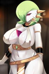  black_panties blurry blurry_background breasts cleavage closed_mouth female gardevoir green_hair hair_over_one_eye highres large_breasts looking_at_viewer navel one_eye_covered panties pink_eyes pokemon sana!rpg short_hair sideboob smile solo underwear 