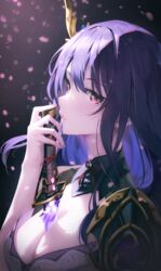  armor breasts cleavage commentary dark_background falling_petals female genshin_impact ha_en hair_ornament holding holding_sword holding_weapon human_scabbard japanese_clothes kimono large_breasts long_hair looking_at_viewer musou_isshin_(genshin_impact) open_mouth petals purple_eyes purple_hair purple_kimono purple_nails raiden_shogun shoulder_armor shrug_(clothing) solo sword upper_body weapon 