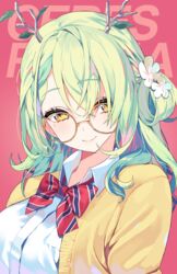  antlers bespectacled bow bowtie braid braided_bangs cardigan ceres_fauna character_name closed_mouth collared_shirt commentary female flower glasses green_hair hair_flower hair_ornament highres hololive hololive_english horns long_hair looking_at_viewer mole mole_under_eye one_side_up open_cardigan open_clothes red_background round_eyewear school_uniform shirt single_braid smile solo striped_bow striped_bowtie striped_clothes upper_body virtual_youtuber white_flower white_shirt yellow_cardigan yellow_eyes yotte 