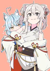  2girls ahoge animal_ear_fluff animal_ears annoyed blue_hair breasts cat_ears commentary_request detached_sleeves donkoni double_bun elf fur_trim grey_eyes grey_hair hair_bun hand_on_own_hip heart heart_ahoge highres hololive japanese_clothes kemonomimi_mode lion_ears lion_girl long_hair looking_to_the_side looking_up medium_breasts multiple_girls obi official_alternate_costume orange_background pointy_ears sash shishiro_botan shishiro_botan_(new_year) smile v-shaped_eyebrows virtual_youtuber yellow_eyes yukihana_lamy yukihana_lamy_(new_year) 