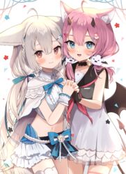  2girls :d ahoge animal_ear_fluff animal_ears asymmetrical_legwear bare_shoulders belt black_gloves black_sailor_collar black_wings blue_bow blue_eyes blue_ribbon bow bowtie braid brown_eyes cape capelet cat_ears cat_girl closed_mouth collared_shirt commentary_request commission cowboy_shot crop_top demon_girl demon_tail demon_wings dress ears_down eyebrows_hidden_by_hair fingerless_gloves fox_ears fox_girl fox_tail frilled_capelet frilled_skirt frills gloves goma_(u_p) hair_between_eyes hair_ornament hair_over_shoulder hair_ribbon hair_scrunchie hairclip hairpin high_collar horns large_ears large_tail layered_capelet layered_skirt long_hair low_twintails midriff miniskirt mismatched_legwear multiple_girls nail_polish navel open_mouth original pink_hair pink_nails red_eyes ribbon sailor_collar sailor_dress sakurada_hane sakurada_shiro_(hy_plus) sakurada_shiro_(summer)_(hy_plus) scrunchie shirt short_hair side_braid single_thighhigh skeb_commission skirt sleeveless sleeveless_dress smile tail thighhighs tied_hair twintails very_long_hair white_background white_cape white_hair white_shirt white_thighhighs wings wrist_cuffs wrist_scrunchie 