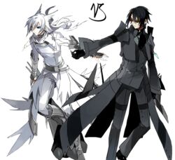  2boys black_hair coat commentary copyright_name english_commentary long_hair male_focus multiple_boys personification photoshop_(medium) pokemon reshiram standing starshadowmagician sunglasses transparent_background white_hair yara_kami_meiosei zekrom 